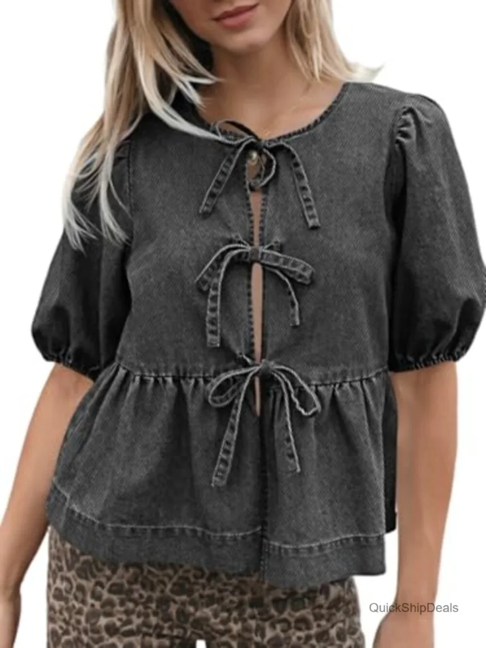 Denim Tie Front Babydoll Blouse with Puff Sleeves Peplum Top